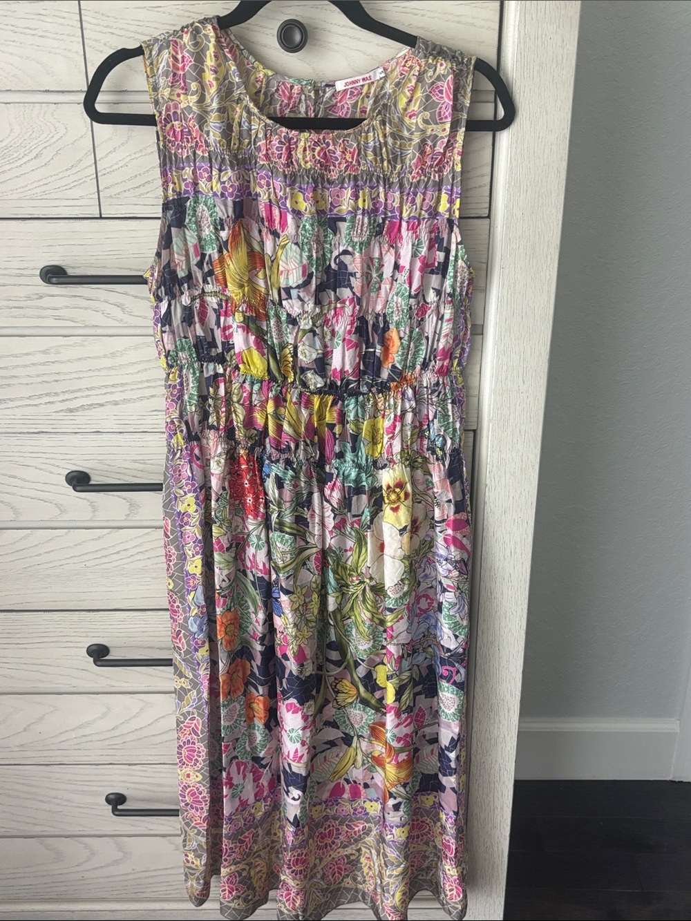 Johnny Was Multicolor Floral Maxi Dress - Pink, Yellow, Green, Navy. 100% Silk